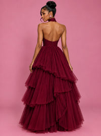 Hot Pink Tulle Halter Neck Tiered Ruffle Maxi Dress
