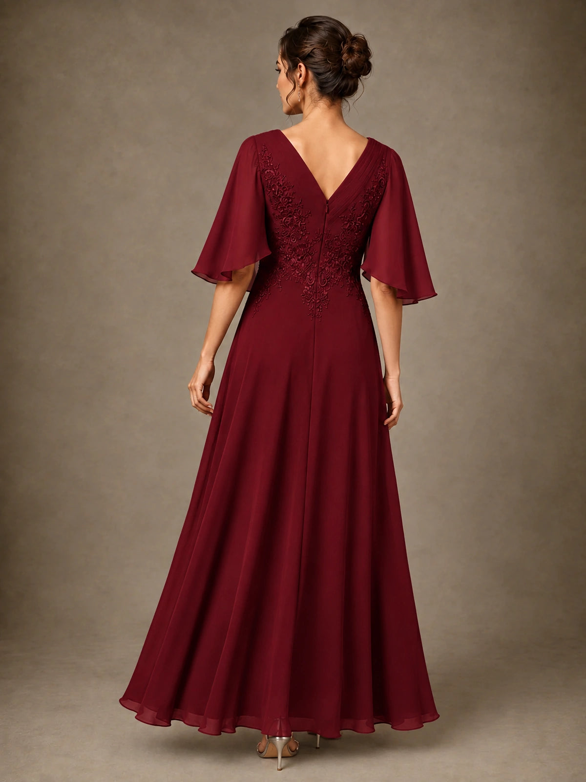 V-Neck Chiffon Lace Mother of the Bride Dress with Flutter Sleeves