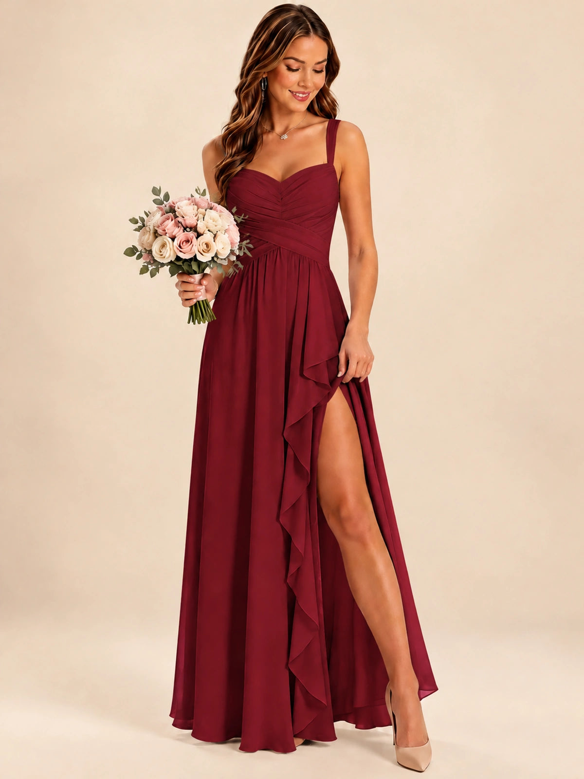 Spaghetti Straps Pleated Chiffon Bridesmaid Dress with Ruffle Slit