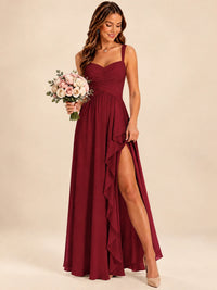Spaghetti Straps Pleated Chiffon Bridesmaid Dress with Ruffle Slit