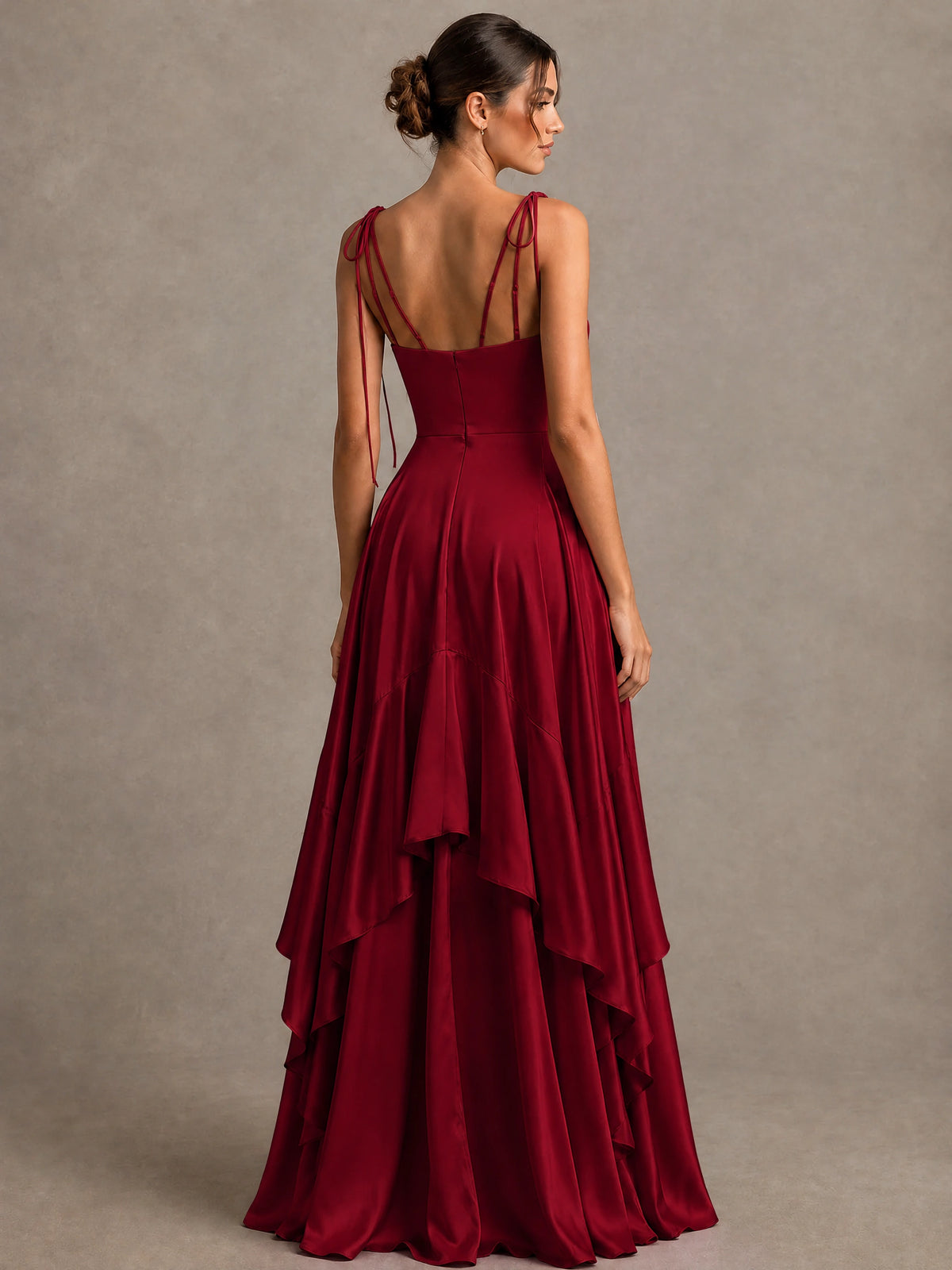 Lavender Satin V-Neck Ruffle Maxi Dress