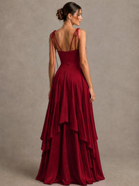 Lavender Satin V-Neck Ruffle Maxi Dress