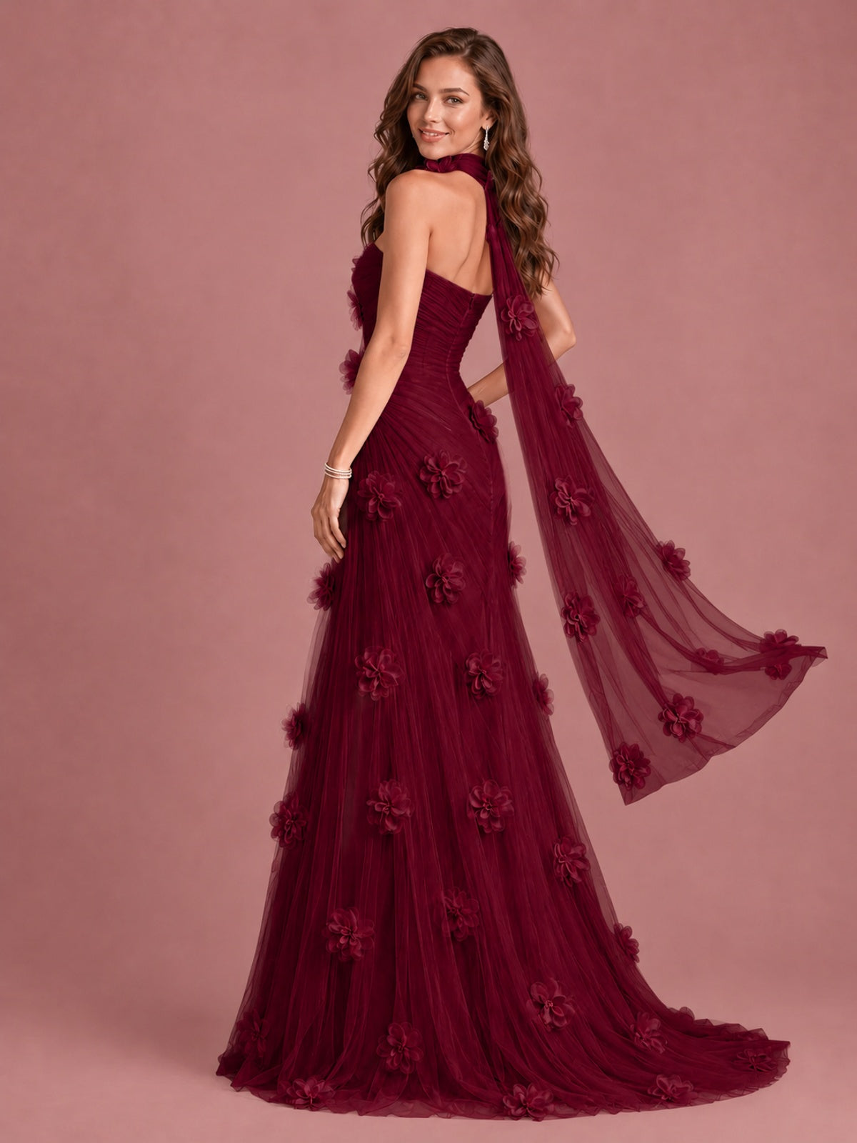 Blush Pink Strapless Sweetheart 3D Floral Tulle Mermaid Prom Dress