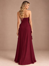 Yellow Strapless A-line Satin Maxi Dress with 3D Floral