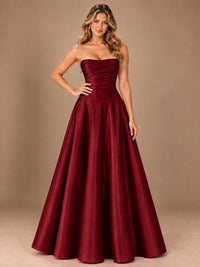 Blush Pink Strapless Satin A-Line Prom Dress with Ruched Bodice