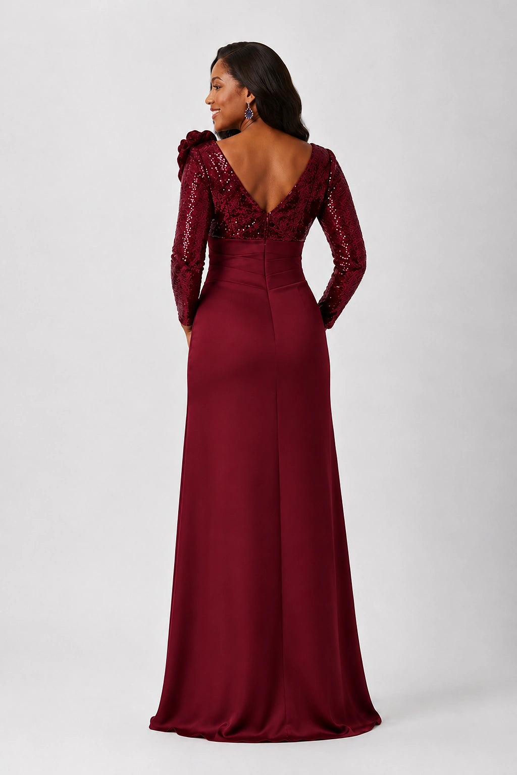 Sequin Mother of the Bride Dress with Long Sleeves 3D Floral V-Neck Gown