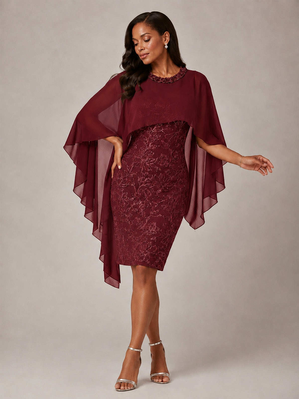 Floral Sheath Mother of the Bride Dress with Cape Overlay