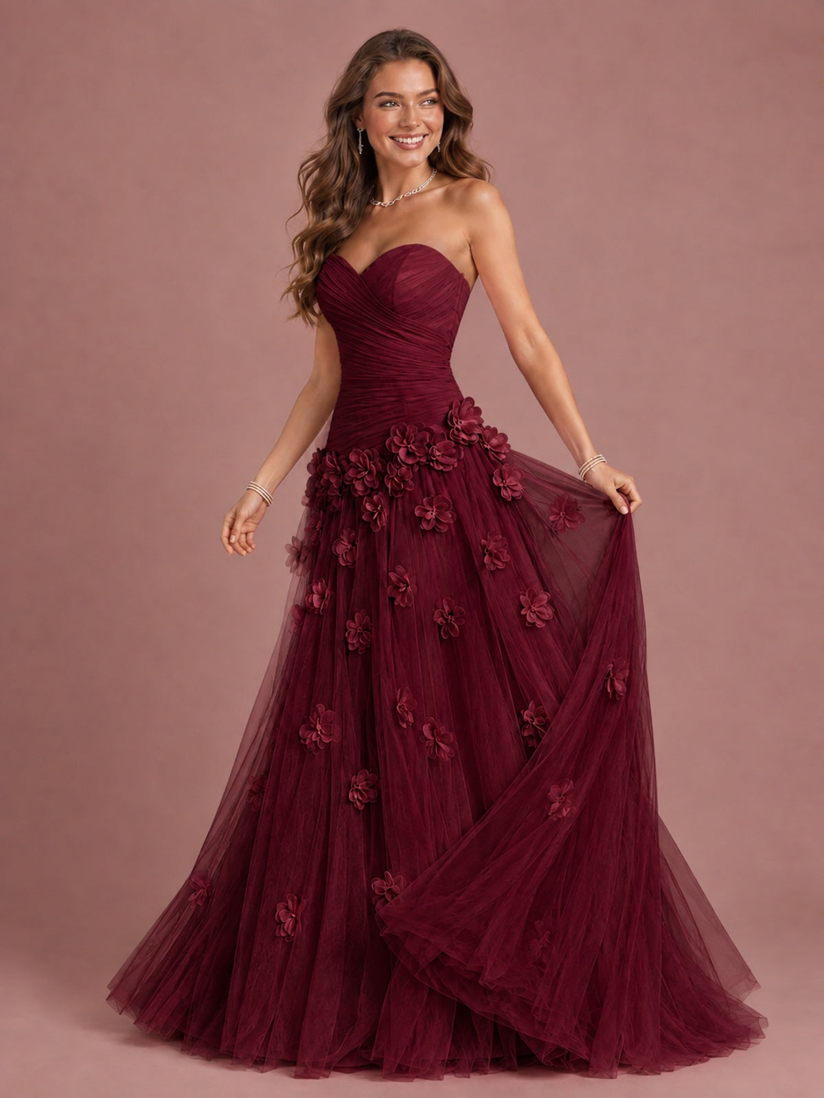 Blush Pink Strapless Sweetheart 3D Floral Tulle Ball Gown Prom Dres