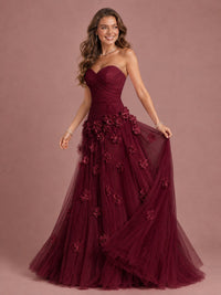 Blush Pink Strapless Sweetheart 3D Floral Tulle Ball Gown Prom Dres