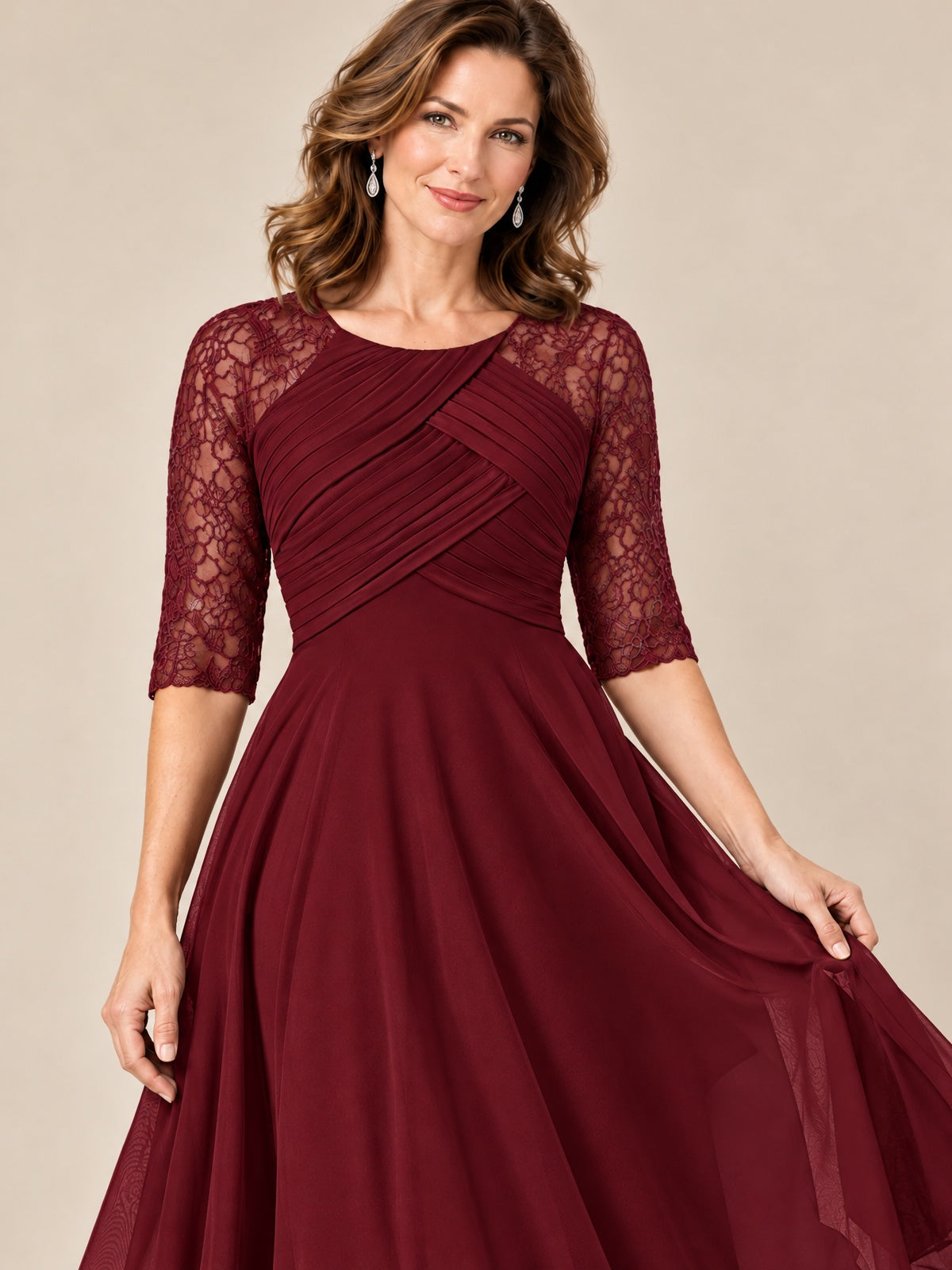 Tea-Length Mother of the Bride Dress with Lace 3/4 Sleeves