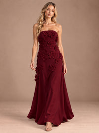 Yellow Strapless A-line Satin Maxi Dress with 3D Floral