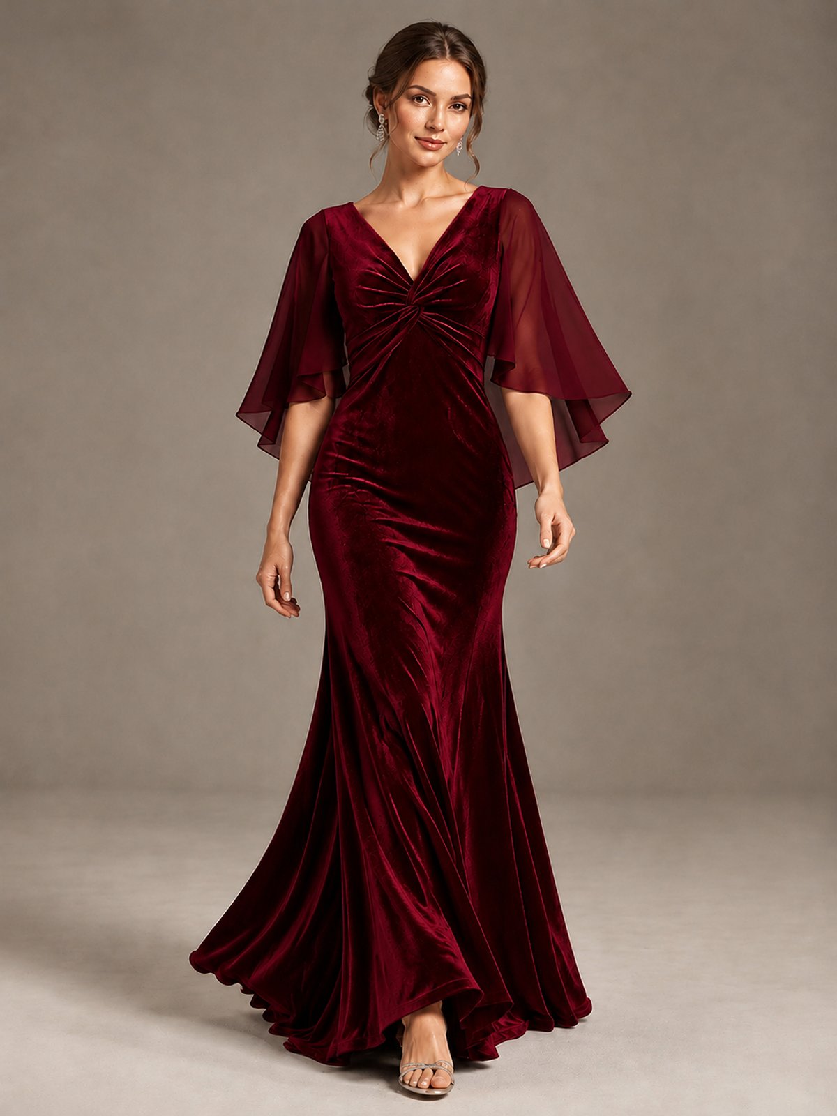 Navy Blue Velvet V Neck Mermaid Formal Dress with Flutter Cape Sleeves