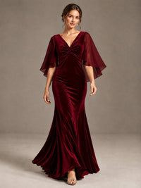 Navy Blue Velvet V Neck Mermaid Formal Dress with Flutter Cape Sleeves