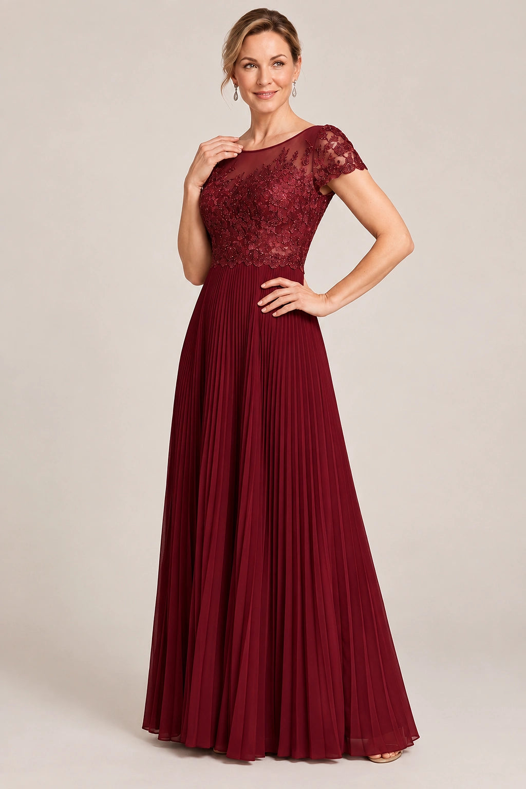 Embroidered Lace Pleated Mother of the Bride Dress