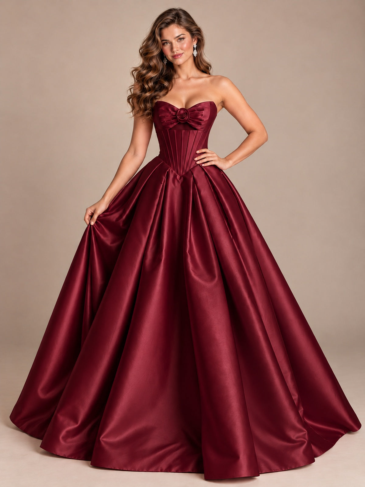 Pink Strapless Corset Satin Prom Derss & Ball Gown with 3D Floral