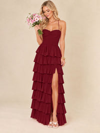 Ruffled Tiered Chiffon Prom Dress Spaghetti Straps Formal Maxi Dress with Slit
