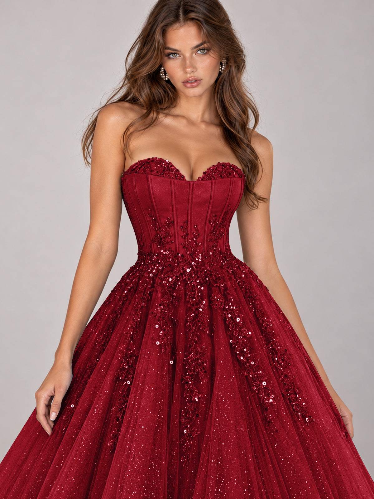 Strapless Sweetheart Beaded Corset Glitter Tulle Ball Gown Prom Dress