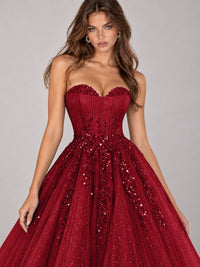 Strapless Sweetheart Beaded Corset Glitter Tulle Ball Gown Prom Dress