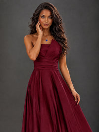 Draped Satin Prom Dress Strapless A-line Formal Dress Floor Length