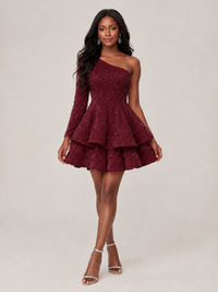 Puffy One Shoulder Sequin Tiered Mini Dress