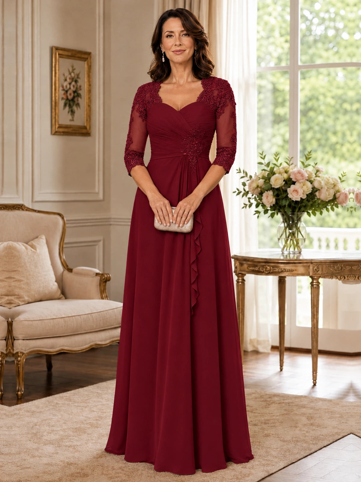 Chiffon Lace Applique Mother of the Bride Dress with 3/4 Sleeves