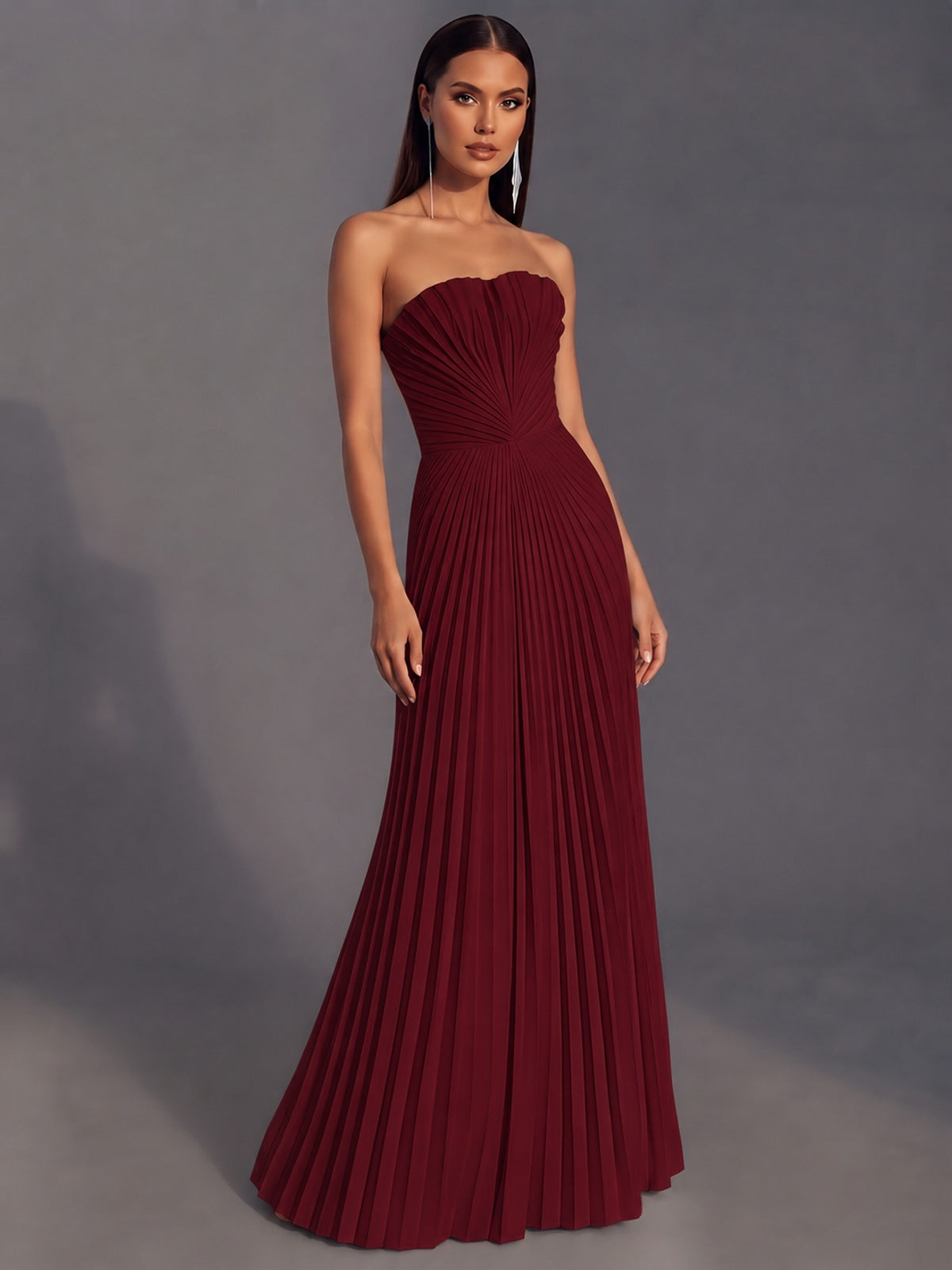 Strapless A-line Long Pleated Satin Prom Dress