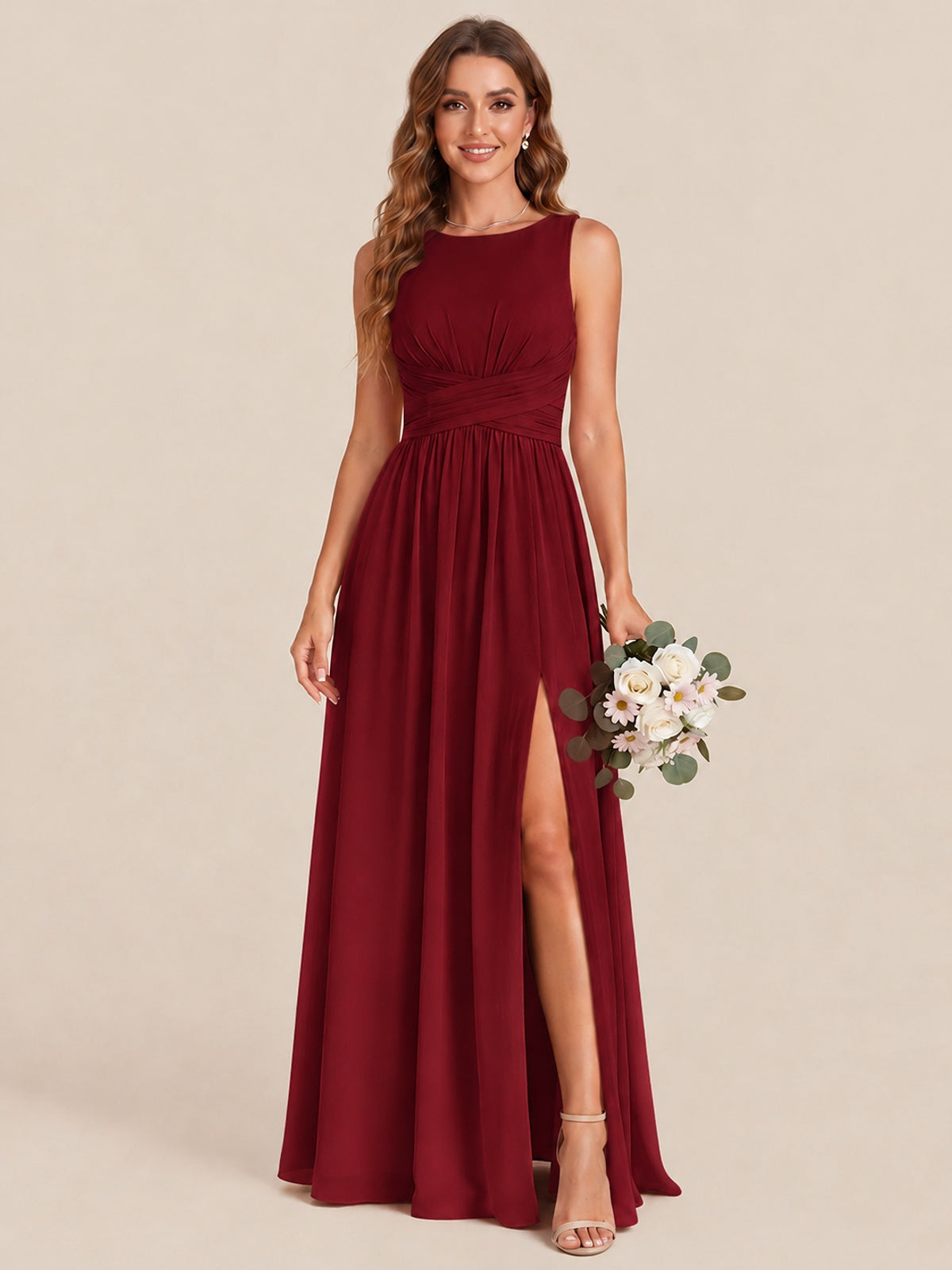 A-line Sleeveless Rucehd Chiffon Bridesmaid Dress with High Slit