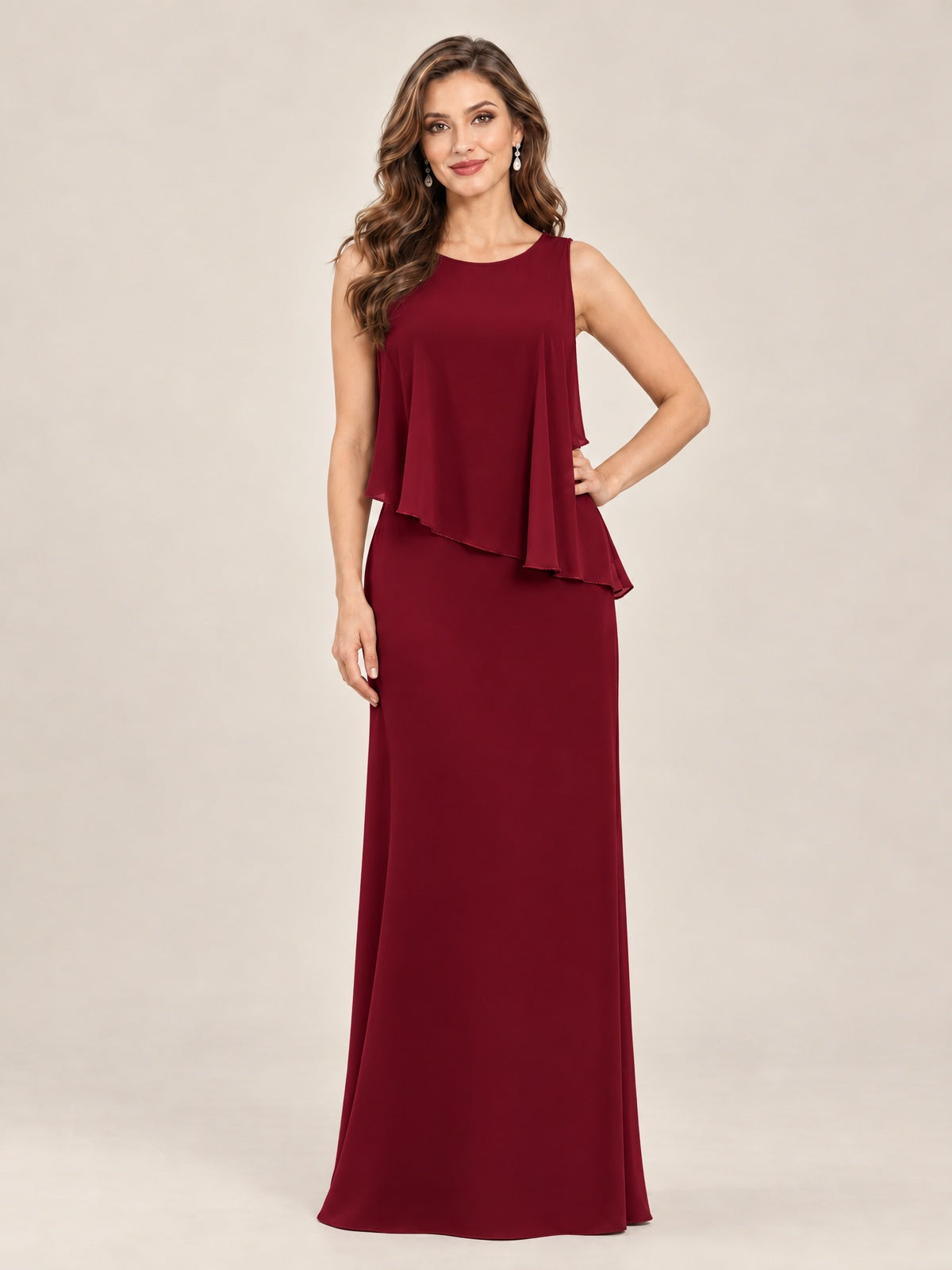 Cape Sleeve Mother of the Bride Dress with Asymmetrical Overlay