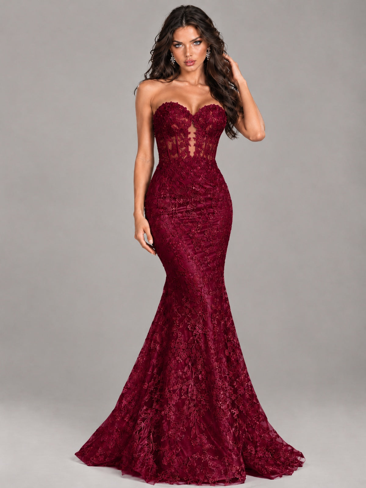 Strapless Corset Mermaid Prom Dress Lace Appliqué Formal Gown
