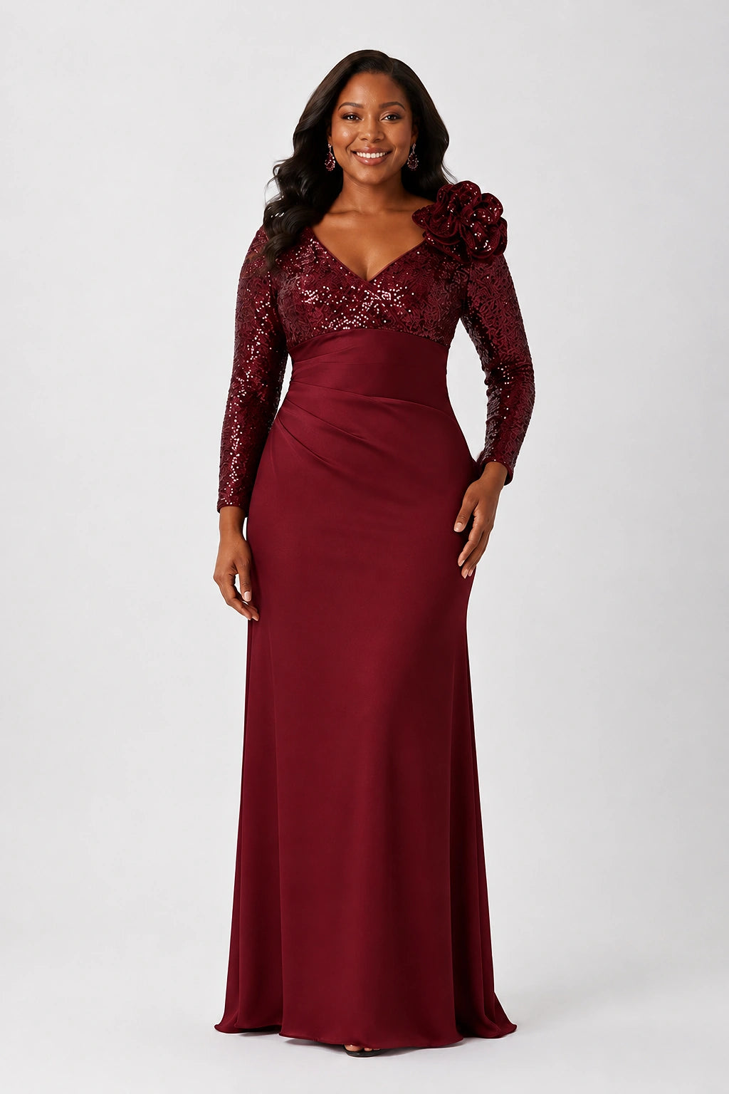 Sequin Mother of the Bride Dress with Long Sleeves 3D Floral V-Neck Gown
