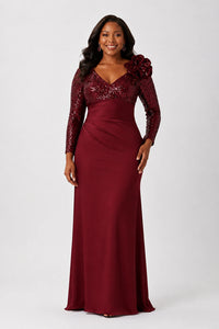 Sequin Mother of the Bride Dress with Long Sleeves 3D Floral V-Neck Gown