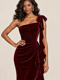 Black Velvet One-Shoulder Mermaid Evening Gown with Bow & Ruffles