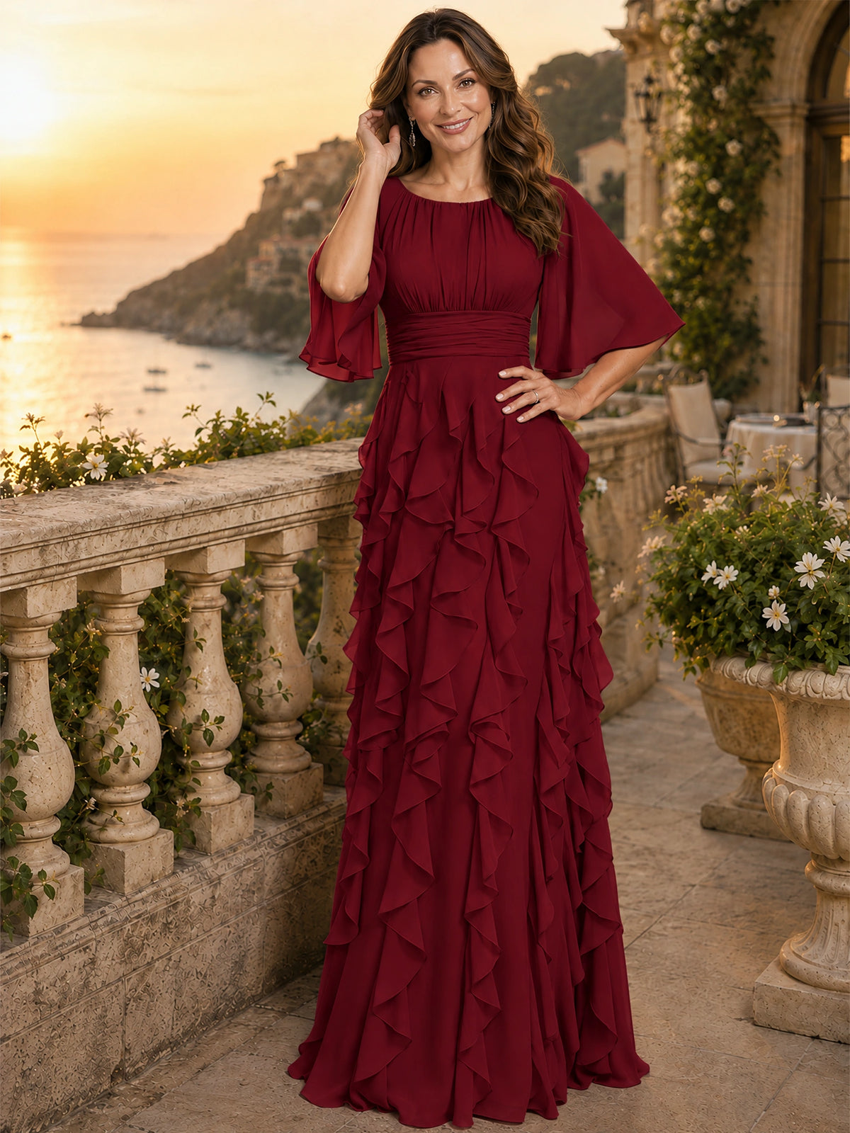 Elegant Chiffon Mother of the Bride Dress with Flutter Sleeves and Ruffle Skirt