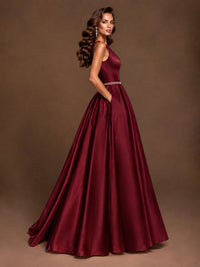 Satin A-Line Prom Dress Sleeveless Beaded Waist Formal Gown with Pockets