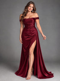Off Shoulder Satin Maxi Dress with Slit