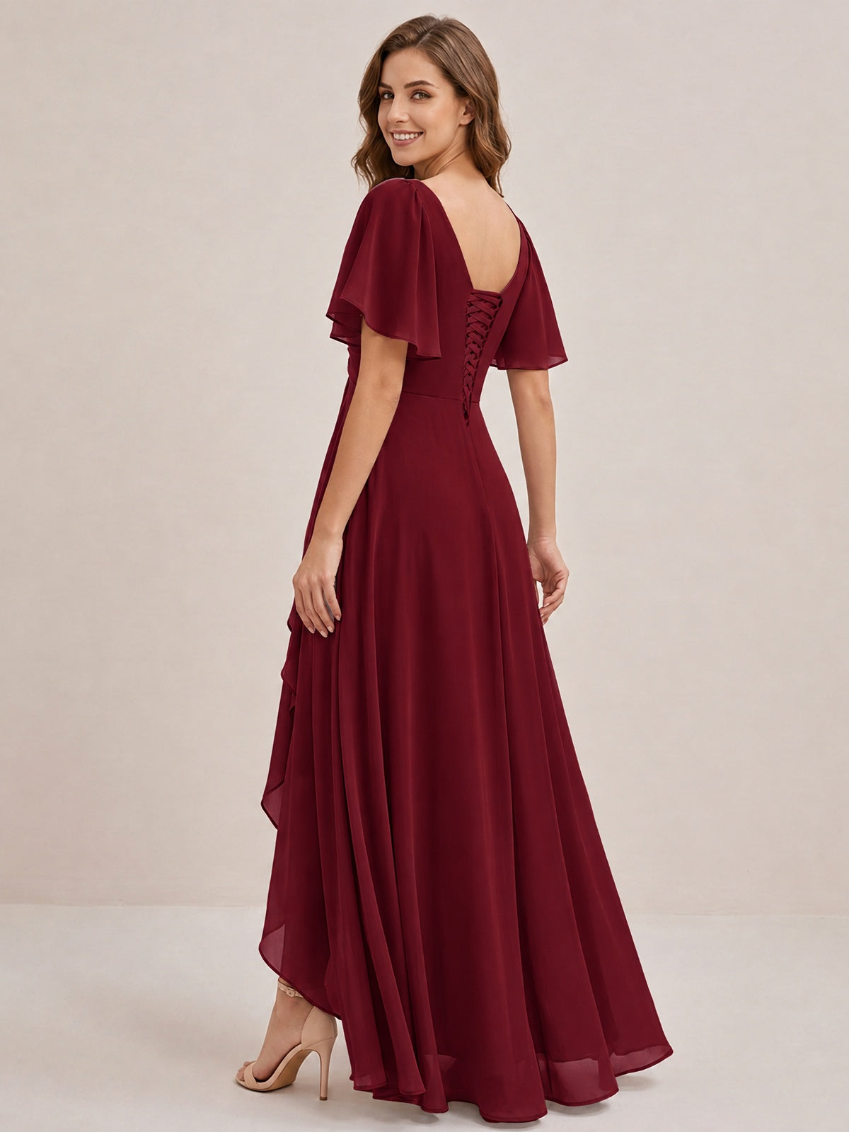 Dusty Blue Chiffon Bridesmaid Dress with Flutter Sleeves & High-Low Hem