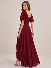 Dusty Blue Chiffon Bridesmaid Dress with Flutter Sleeves & High-Low Hem