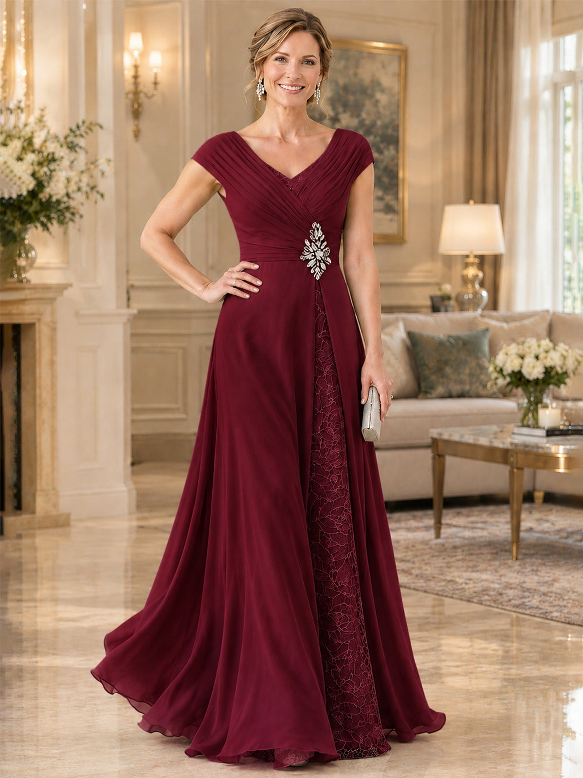 Pleated Chiffon Lace Mother of The Bride Dresses with Beading Cap Sleeves