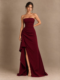 Black and White Strapless Ruched Prom Dress with High Slit & Side Drape