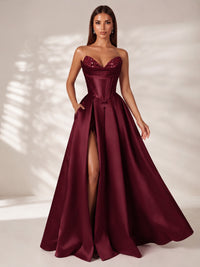 Strapless Corset Satin Prom Dress Long Evening Gown with High Slit