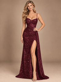 Burgundy Sequin Corset Prom Dress with High Slit