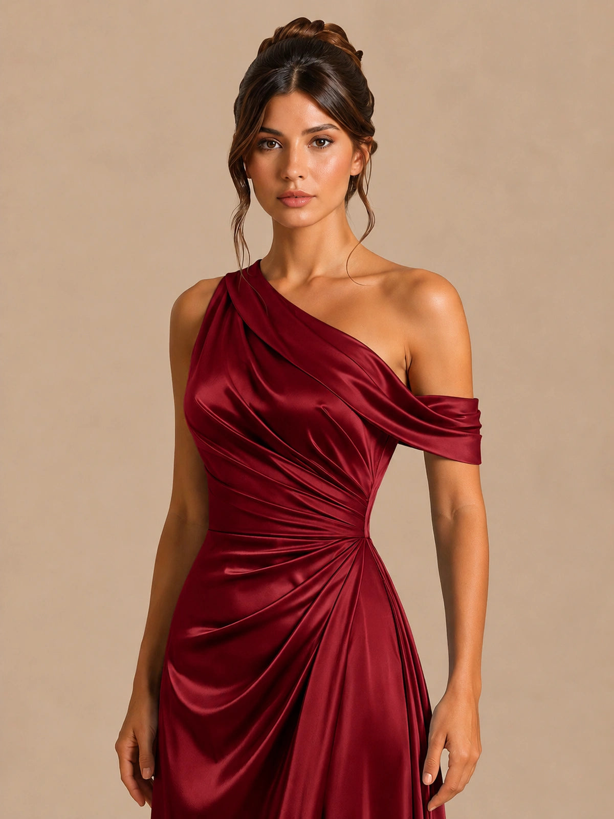 Satin One Shoulder Prom Dress Ruched Long Formal Evening Gown