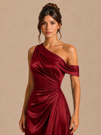 Satin One Shoulder Prom Dress Ruched Long Formal Evening Gown