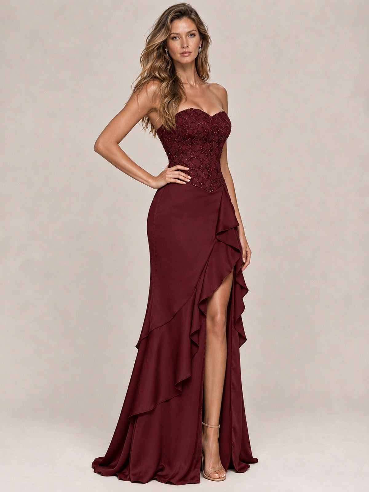 Strapless Lace Appliques Corset Satin Prom Dress Ruffle Slit Evening Gown