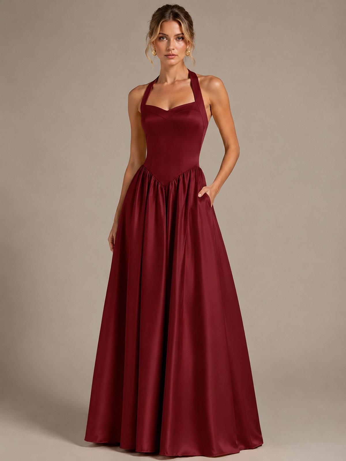 Light Yellow Halter Neck Satin A-Line Maxi Dress with Pockets