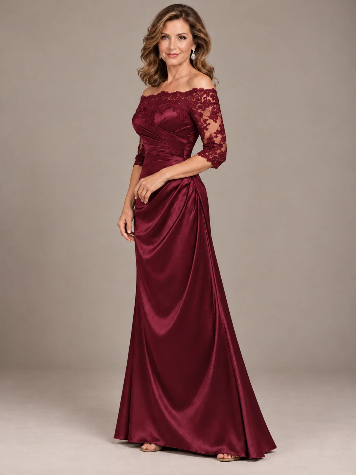 Satin Mother of the Bride Dress with Lace Sleeves Off Shoulder Formal Gown