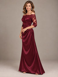 Satin Mother of the Bride Dress with Lace Sleeves Off Shoulder Formal Gown