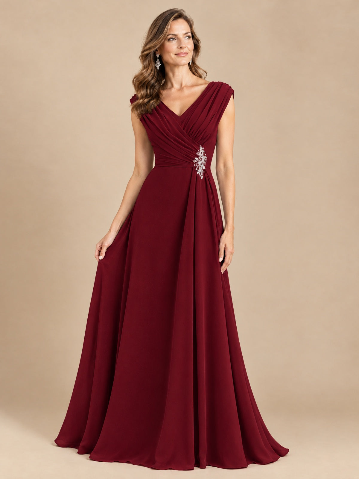 V Neck Pleated Mother of The Bride Dresses with Beading Cap Sleeves