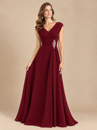 V Neck Pleated Mother of The Bride Dresses with Beading Cap Sleeves