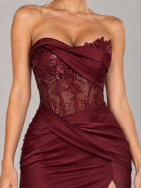 Strapless Satin Prom Dress with Sheer Lace Corset & High Slit